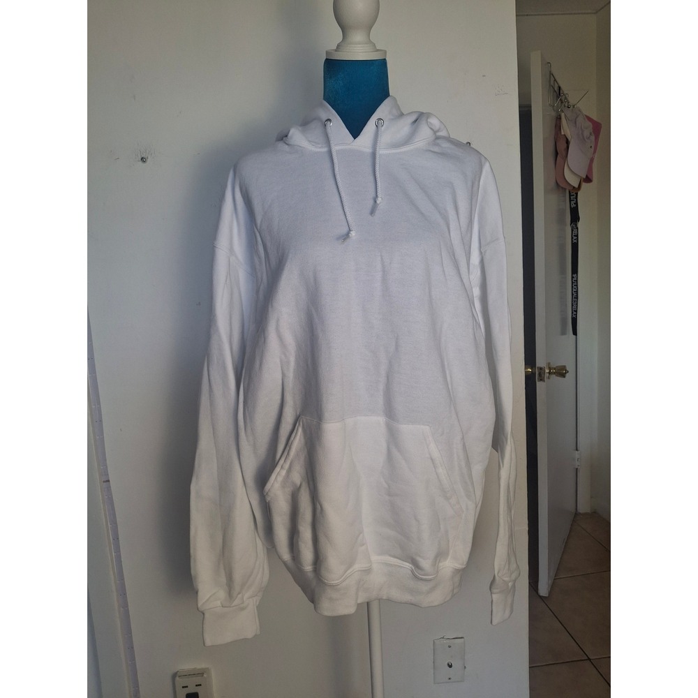 Jerzees NuBlend White Pullover Hoodie Sweatshirt Large Fleece Pocket Basic